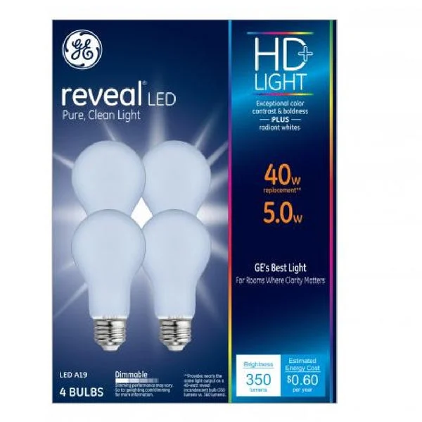 GE Lighting 46650 A19 Reveal HD LED Light Bulbs 5 Watts Full Spectrum