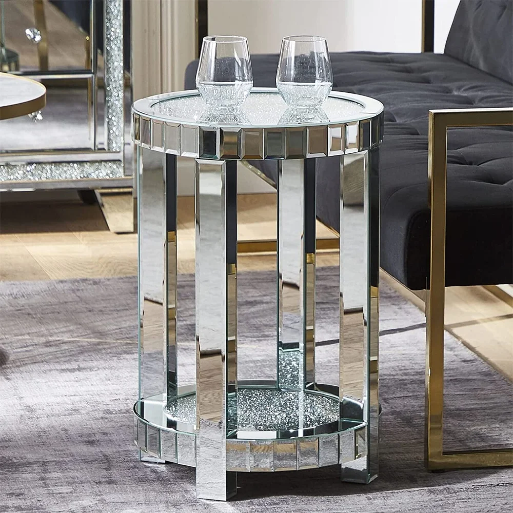 24 Inch Tall Round Mirrored Side Table - Silver Glass End Table with Diamond Crush Design