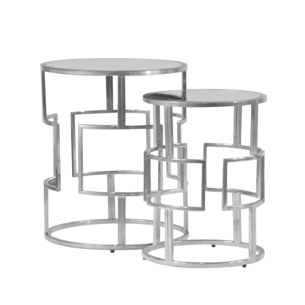 RRI Goods Set of 2 Nesting Accent Tables - Round Mirrored Top with Chrome Metal Base for Living Room, Bedroom