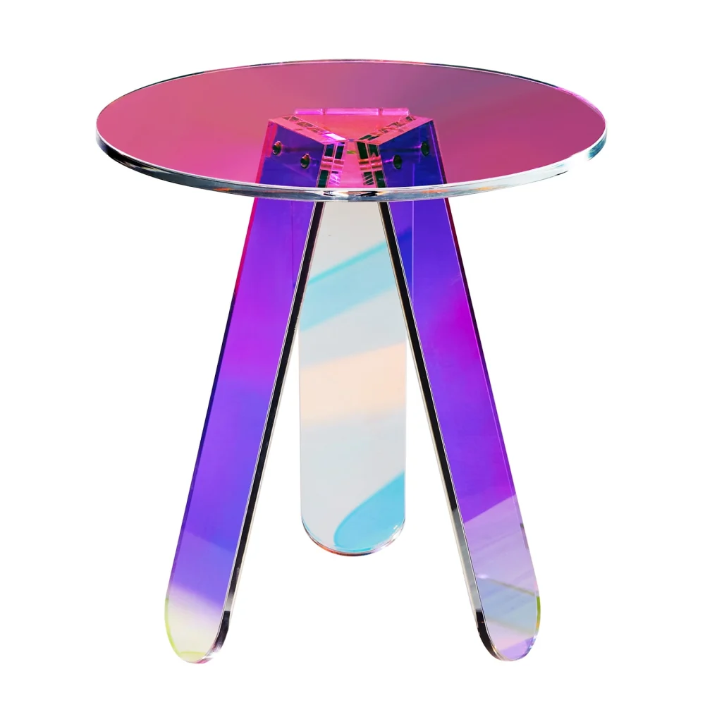 Round Iridescent Acrylic Side Table Clear Rainbow Coffee Table for Living Room Bedroom Study Decor