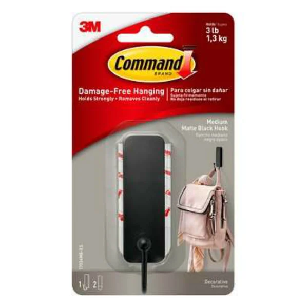 Command 17034MB-ES Matte Black Hook with 1 Strip Medium