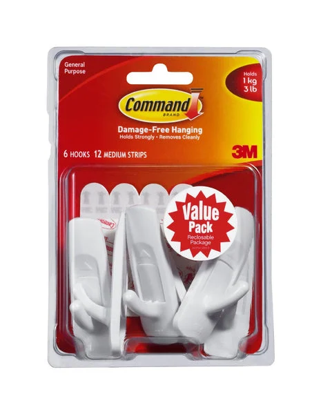 Command 17001-VP-6PK Medium Utility Hook Value Pack White 6 Pack