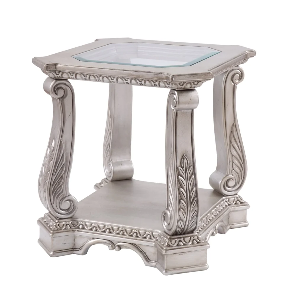 Antique Wooden End Table with Polyresin Engravings and Glass Top - Silver and Clear