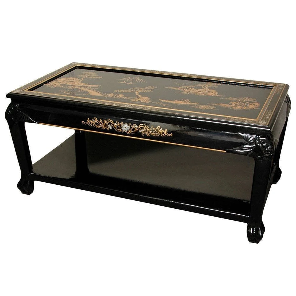 Handmade Black Lacquer Landscape Coffee Table with Shelf China Modern Living Room Furniture