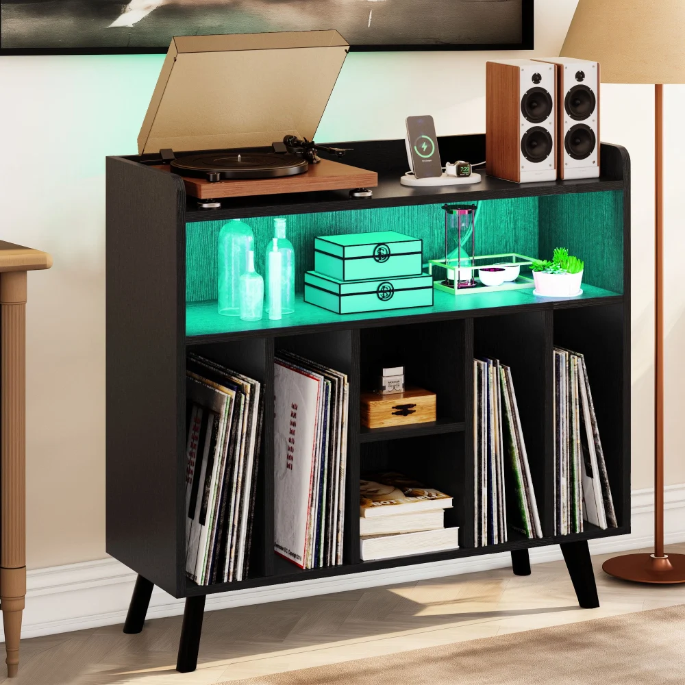 Dextrus Record Player Stand with Power Outlets and LED Lights Vinyl Record Storage Table Turntable Stand Holds 150-200 Albums Black