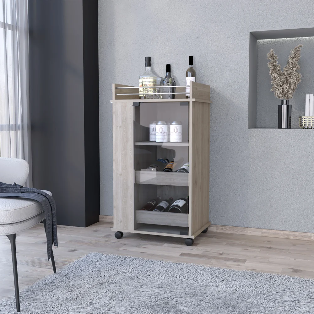 Baltimore Bar Cabinet with Casters Crystal Door and 2 Side Shelves Grey Prime