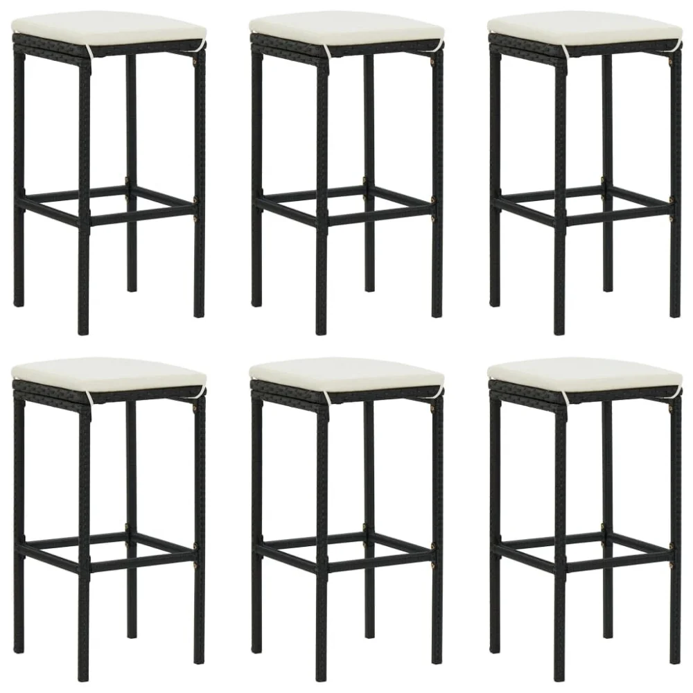 6 Piece Black Poly Rattan Bar Stools with Cushions Set for Restaurants or Homes