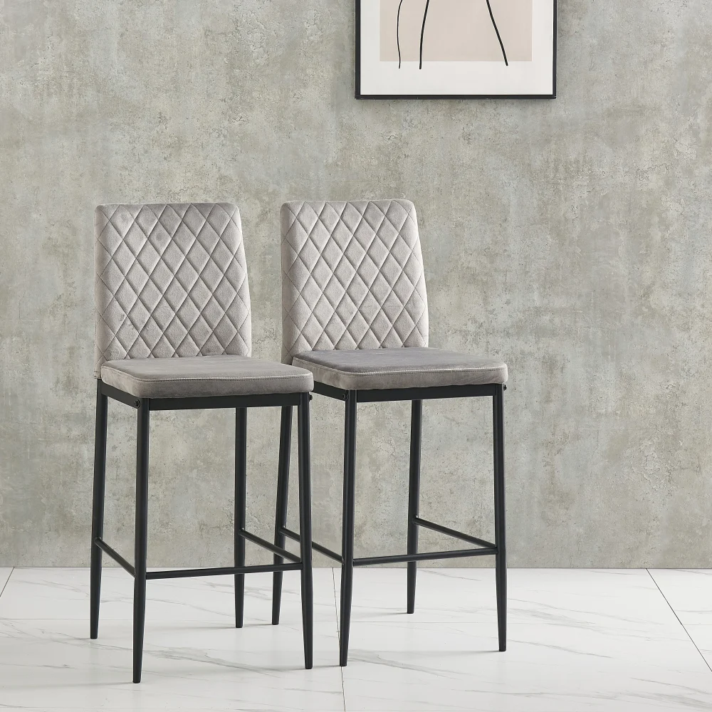 Light Gray Velvet Bar Stool Modern Bar Chair with Metal Base