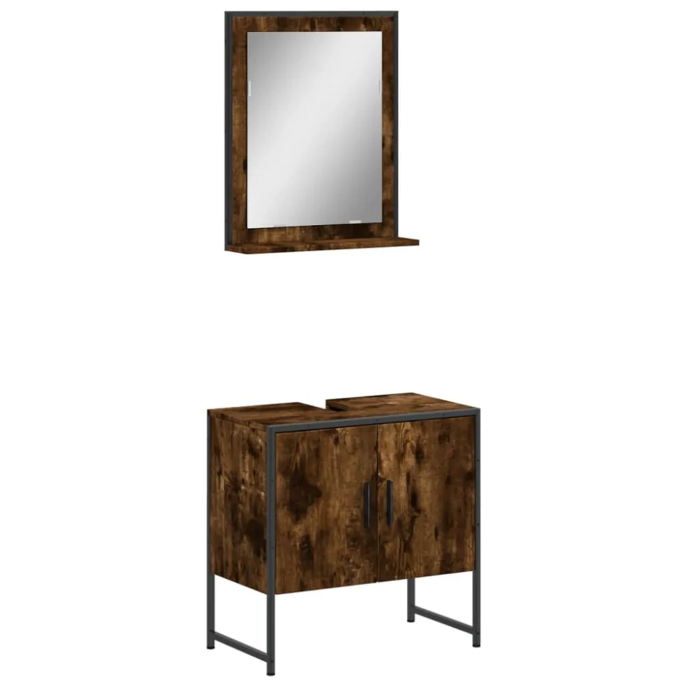 2 Piece Smoked Oak Engineered Wood Bathroom Cabinet Set