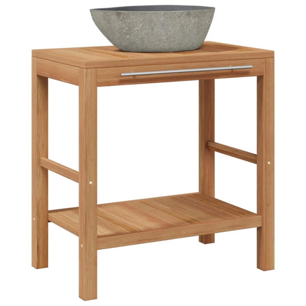 Bathroom Vanity Cabinet Solid Teak with Riverstone Sink Modern Storage