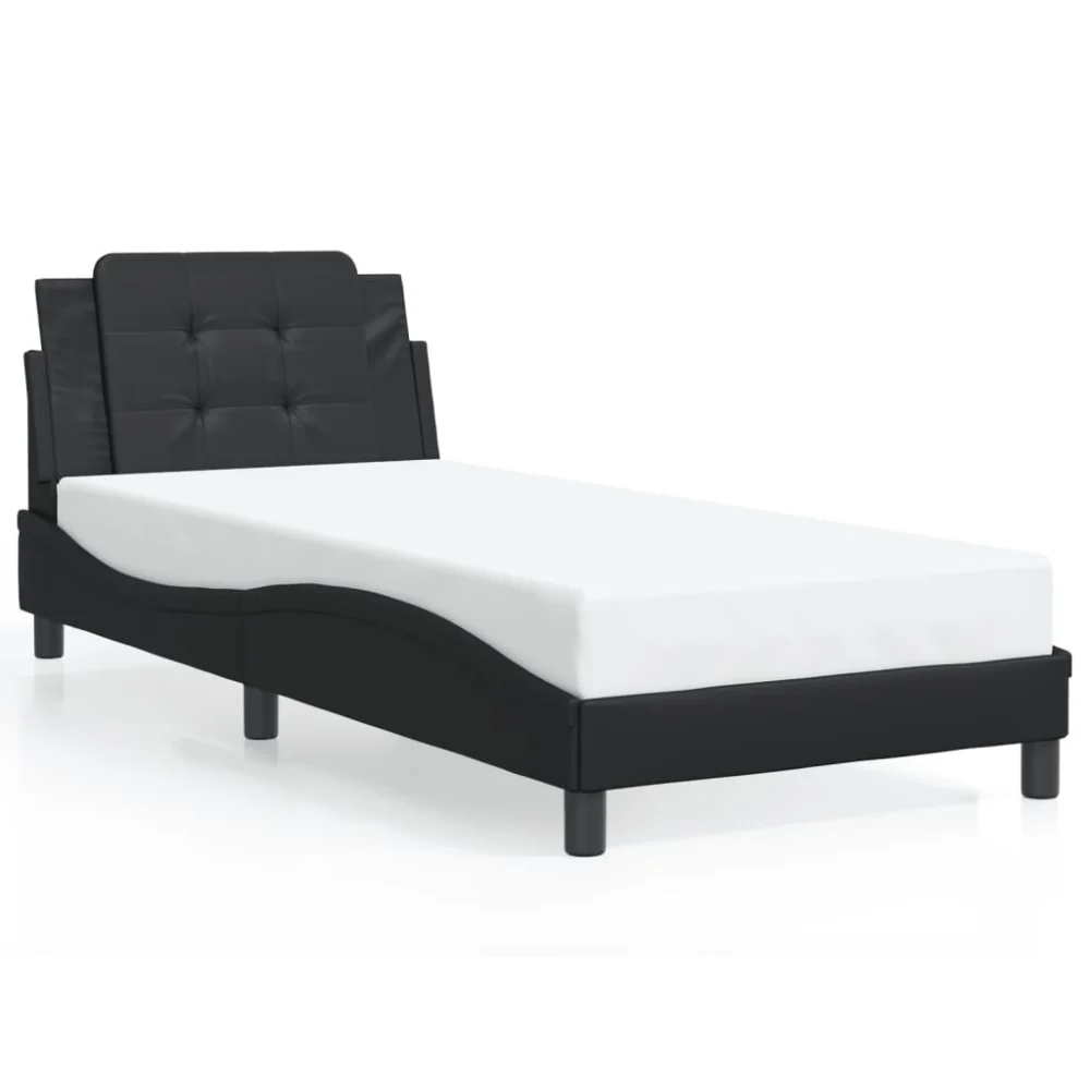 Black Faux Leather Bed Frame 39.4x74.8 Inches Queen Size Platform Bed No Mattress