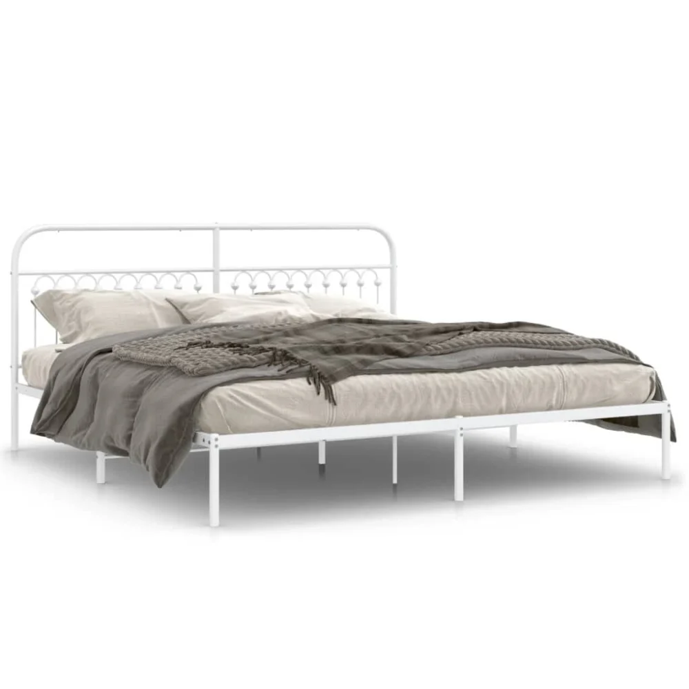 Metal Bed Frame without Mattress with Headboard White 76x79.9 Inches King Size Platform Bed