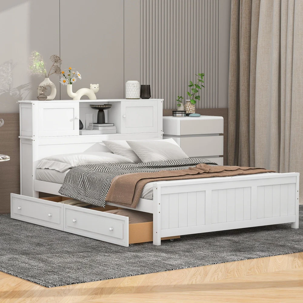 Full Platform Bed With Storage Headboard And Sliding Door 2 Drawers