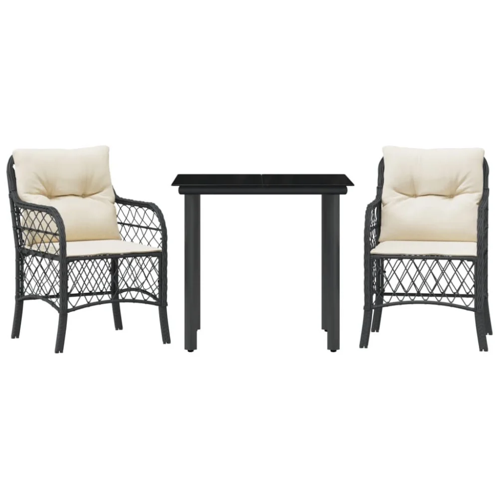 3 Piece Bistro Set with Cushions Black Poly Rattan Outdoor Patio Furniture