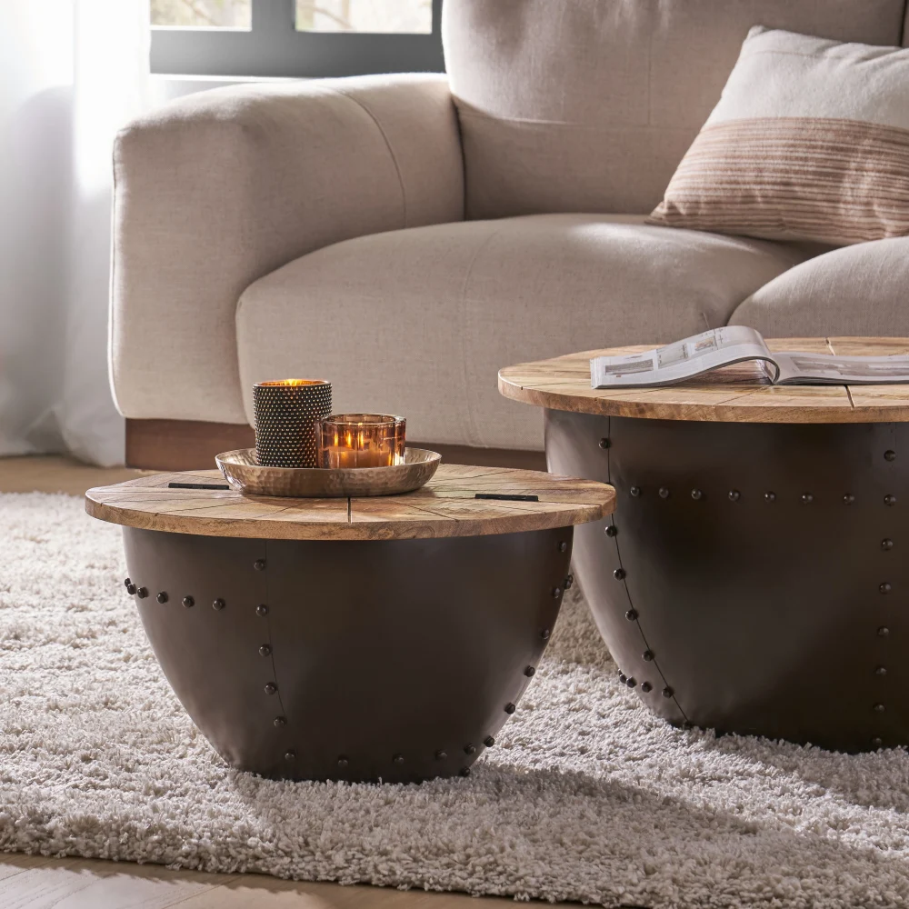 Noble House Araina Handcrafted Boho Mango Wood and Iron Accent Table Natural Black Bohemian Style
