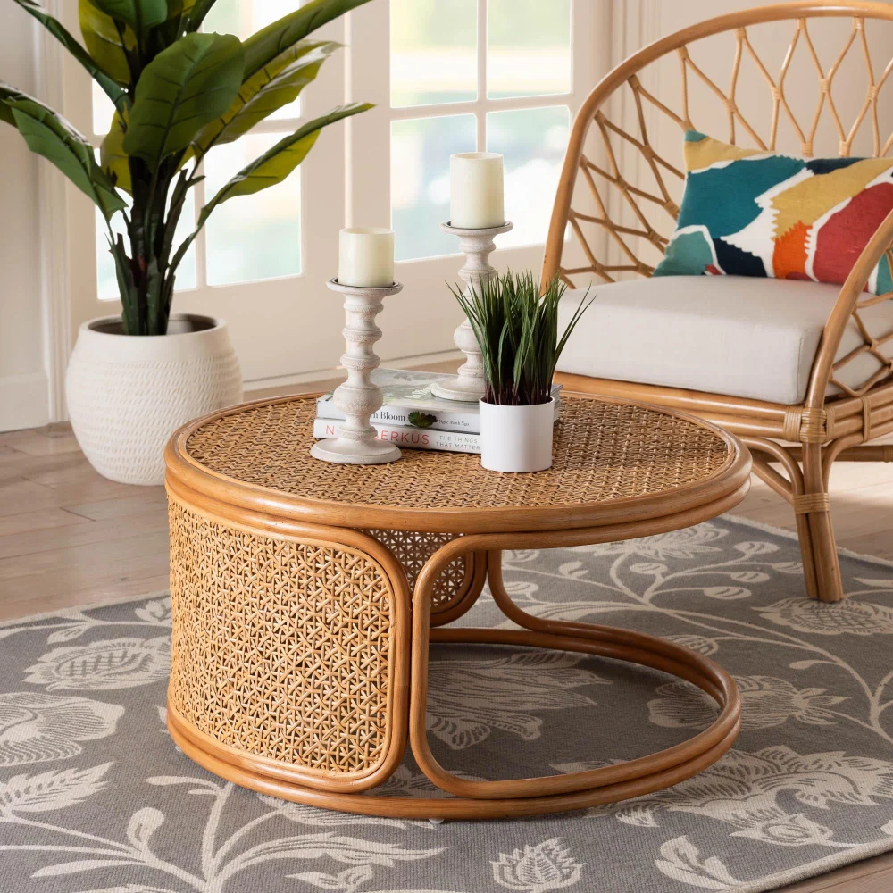 Bali Pari Eldon Boho Coffee Table Handwoven Natural Rattan in Honey