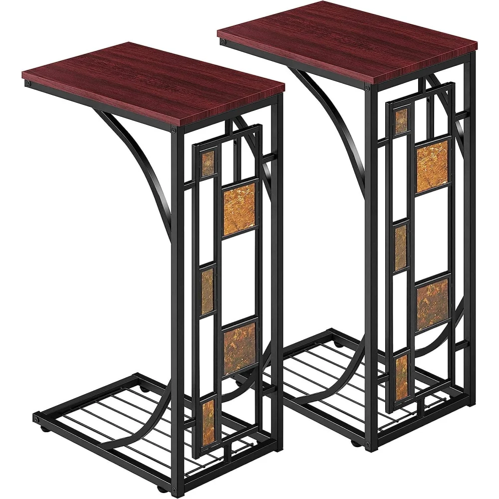 Bilot C Shaped End Table Set of 2 Sofa Side Table Slide Under Sofa Mobile C Table for Living Room Small Coffee Tray Snack Table Rustic Brown