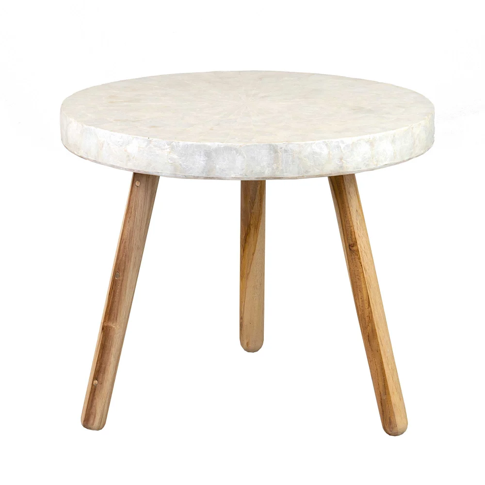 Elle Round Capiz Accent Table White with 3 Wooden Legs 22x22x19 Inches