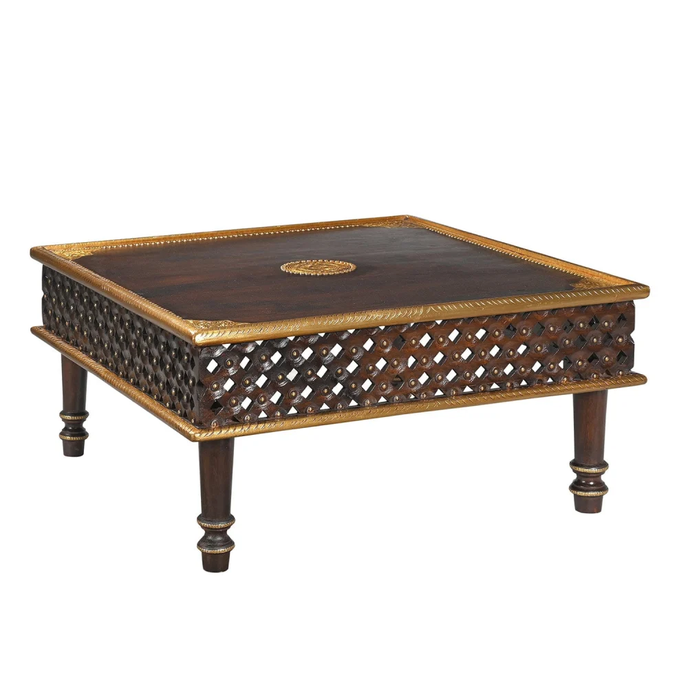 35x35 Inch Lattice Carved Solid Wood Square Coffee Table with Brass Accents