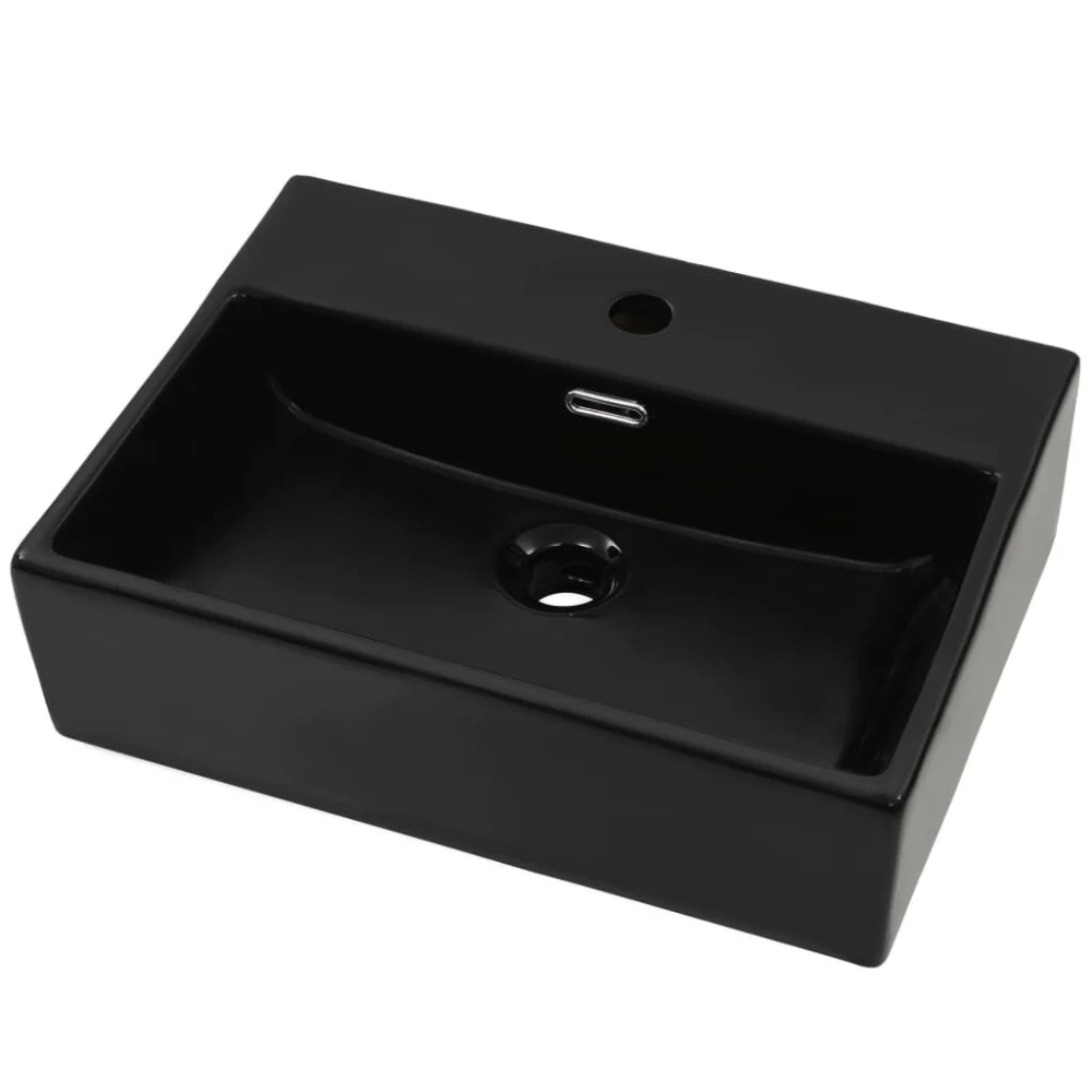 Basin with Faucet Hole Ceramic Black 20.3x15.2x5.9 Inches Bathroom Sink