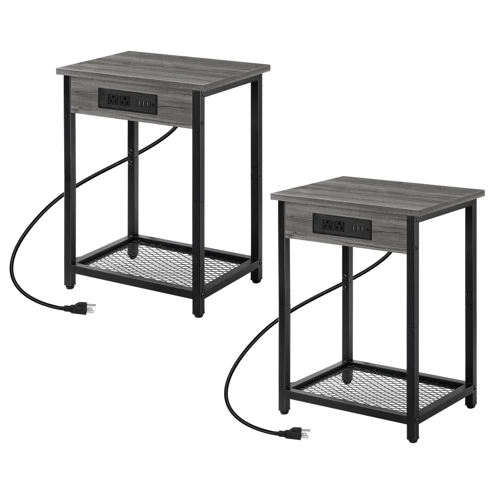 Nightstand with Charging Station Side Table Two-Piece Set Gray Modern Bedroom Furniture