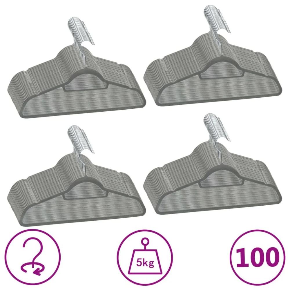 100 pcs Premium Anti-slip Gray Velvet Clothes Hangers Set for Heavy Duty Use