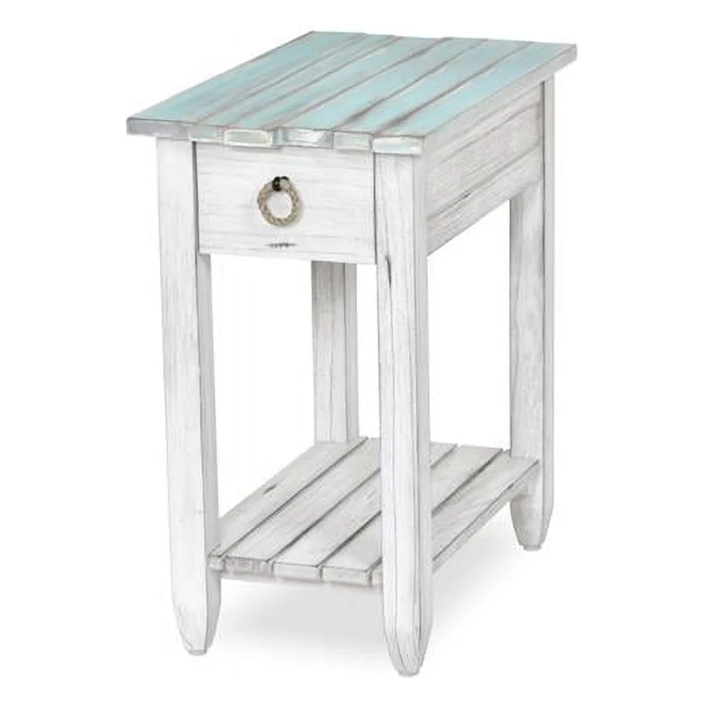 Sea Wind Florida Picket Fence Wood Chairside Table with Drawer in White/Blue - Coastal Style Side Table