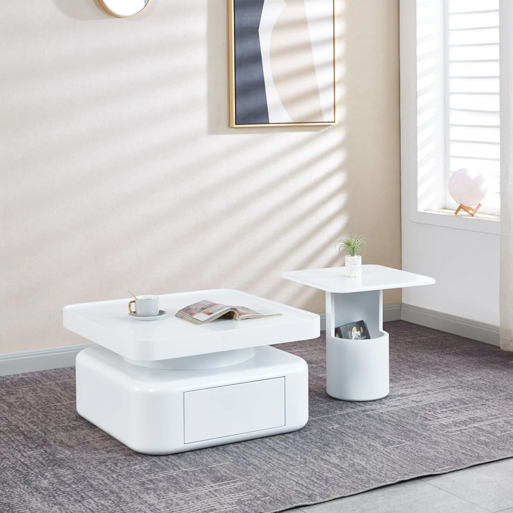 2 Piece White MDF Square Coffee Table Set for Living Room Bedroom Modern Home Furniture
