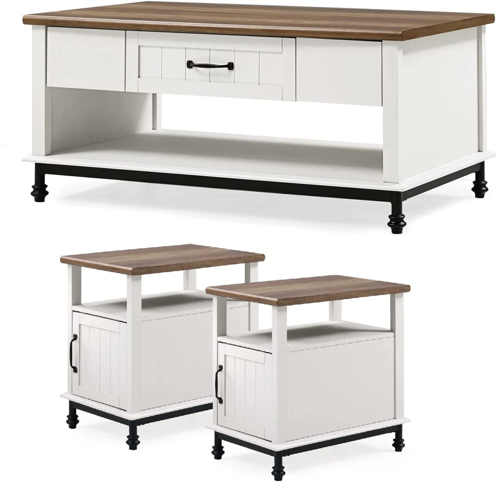 Modern Coffee Table and 2 End Tables Set with Charging Station Rustic White