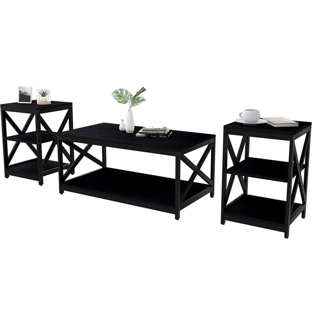Winkalon 3-Piece Coffee Table Set with Coffee Table and 2 End Tables Industrial X-Shaped Design Black