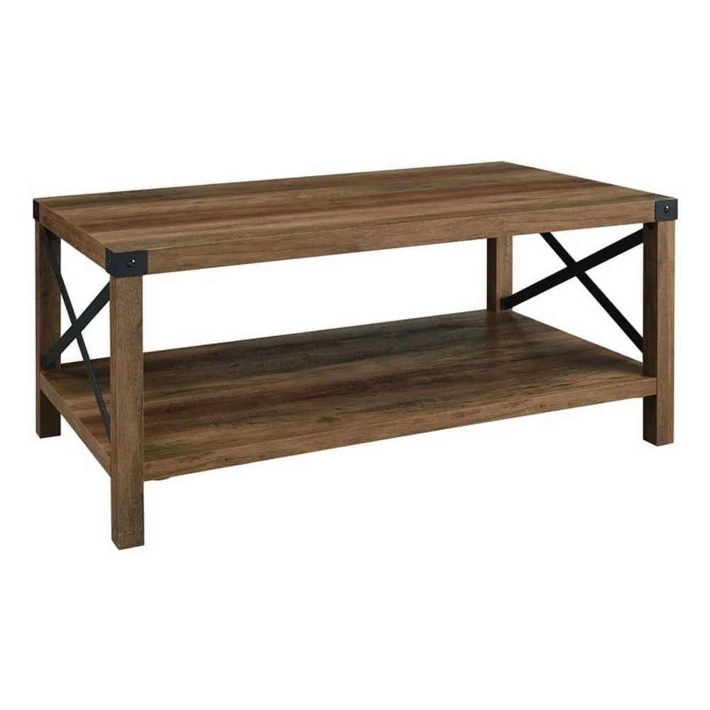40 Inch Reclaimed Barnwood Coffee Table with Black Metal Frame Rustic Industrial Style