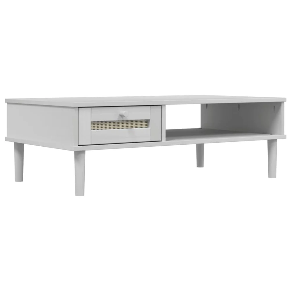 SENJA White Rattan Look Coffee Table 39.4x21.7x13 Inches Solid Wood Living Room Furniture