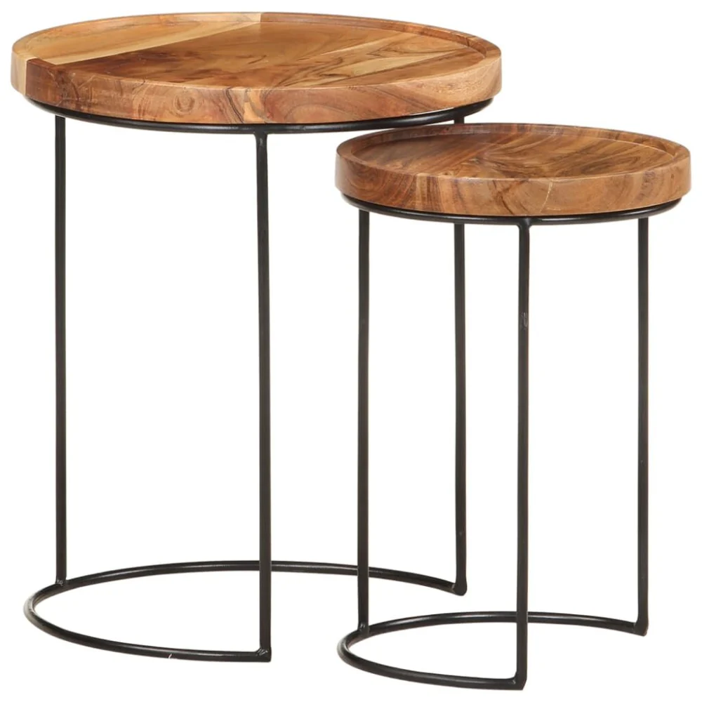 2 Piece Coffee Table Set Solid Acacia Wood and Steel Modern Living Room Furniture