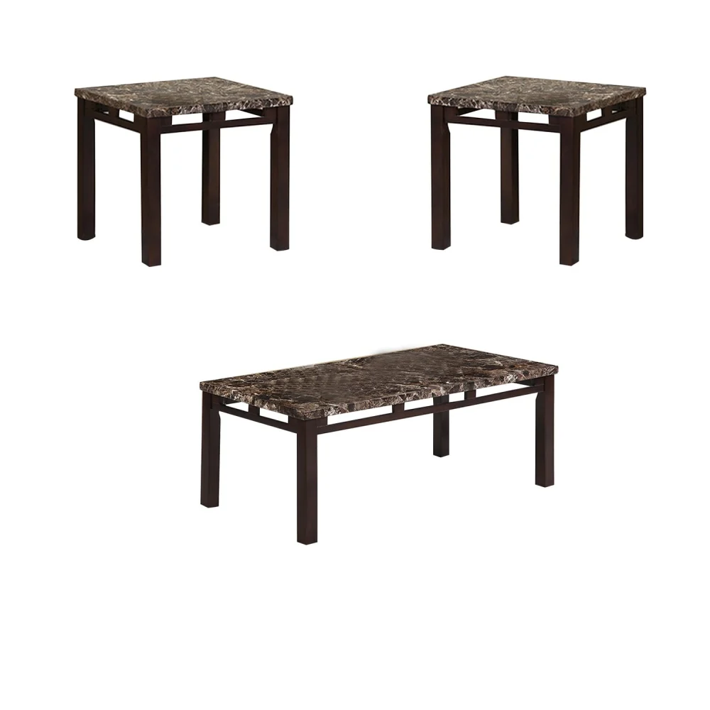 Benjara Sem Coffee and End Table Set of 3 Faux Marble Top Brown Metal Frame Living Room Furniture