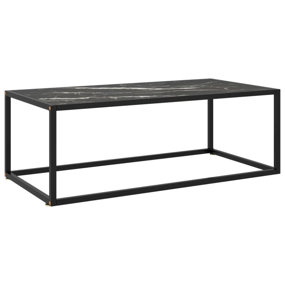 Black Marble Glass Coffee Table 39.4x19.7x13.8 Inches Rectangular Modern Living Room Table