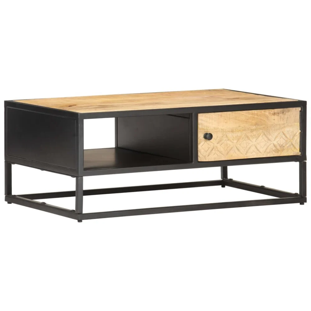 Coffee Table with Carved Door 35.4x21.7x14.2 Inches Rough Mango Wood Storage Table