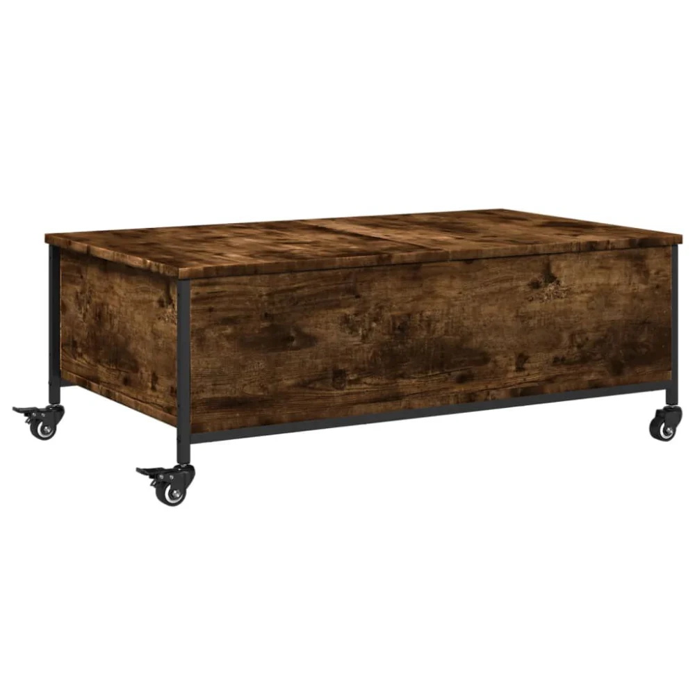 Coffee Table with Wheels Smoked Oak 35.8 Inch Engineered Wood Mobile Living Room Table