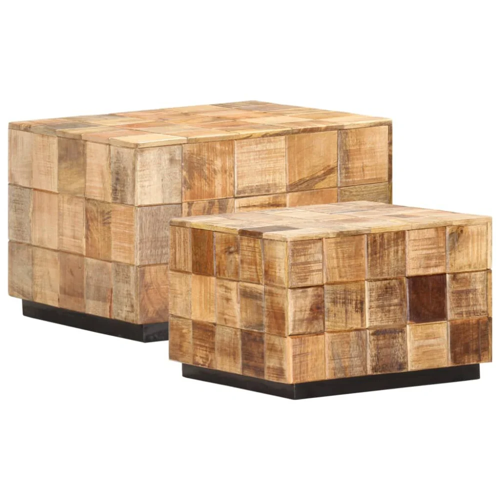 Coffee Tables 2 pcs with Block Design Rough Mango Wood Set of Side Tables