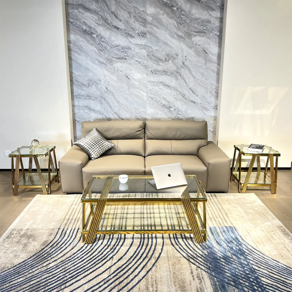 Modern Stainless Alloy Metal Coffee Table Set of 3 with Double Layer Clear Top