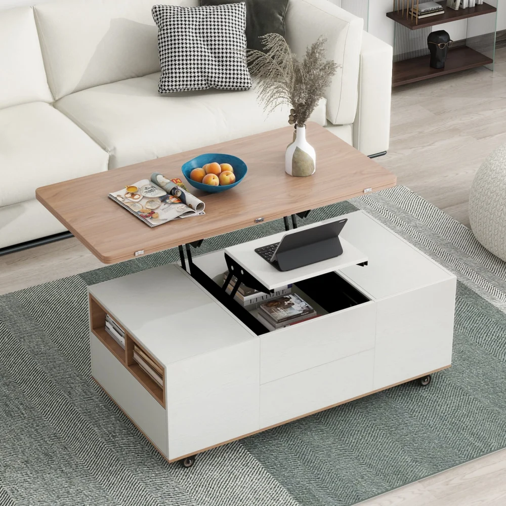 Modern Walnut White Lift Top Coffee Table with Drawers and Shelves Multifunctional