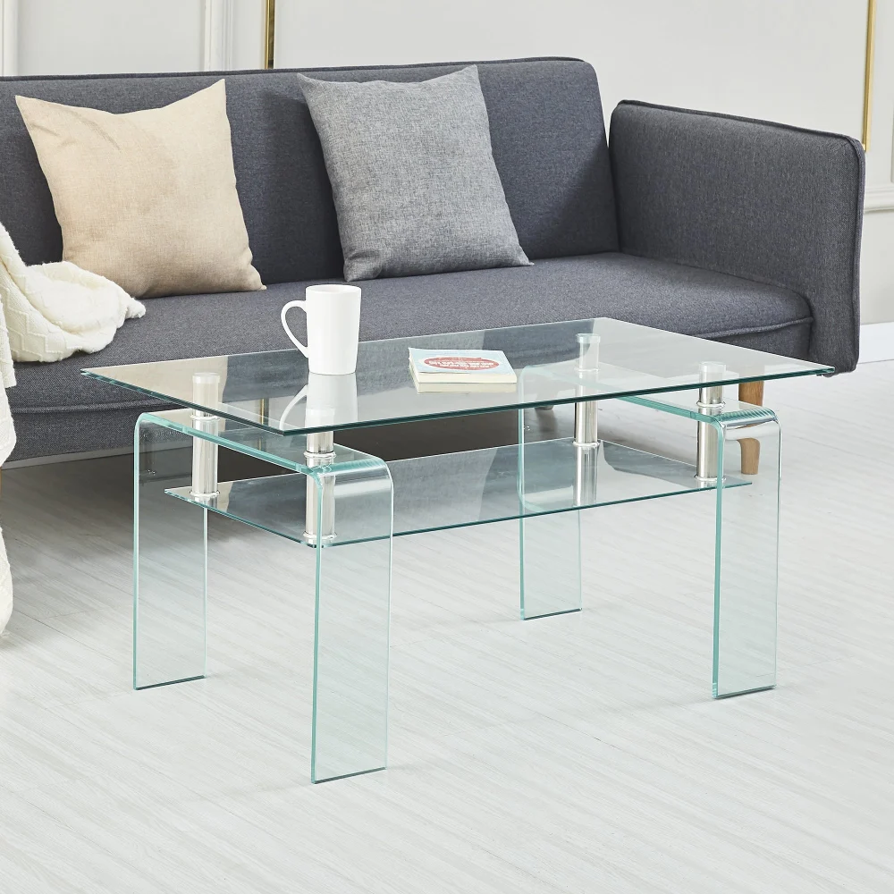 Rectangle Clear Crystal Coffee Table - Modern Glass Top Table for Living Room