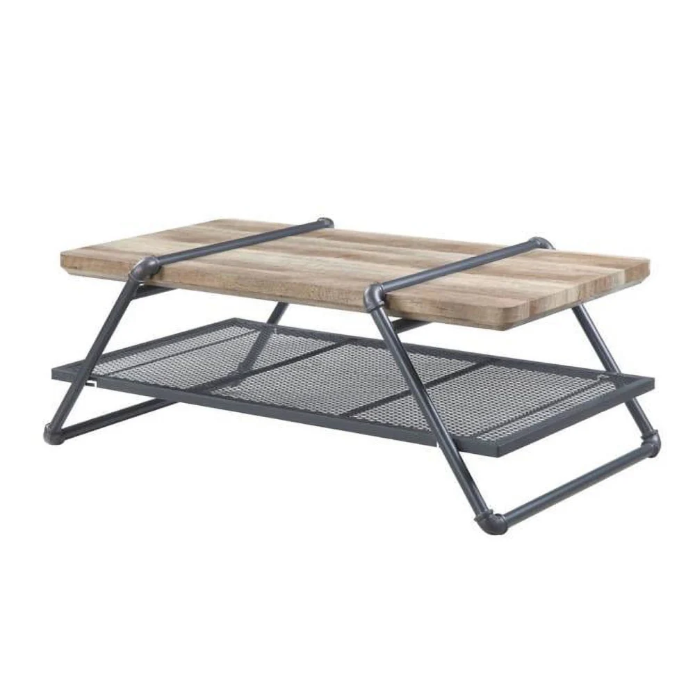 Sandy Gray Oak Paper Veneer Metal Rectangular Coffee Table with Shelf 18 x 47 x 24 in