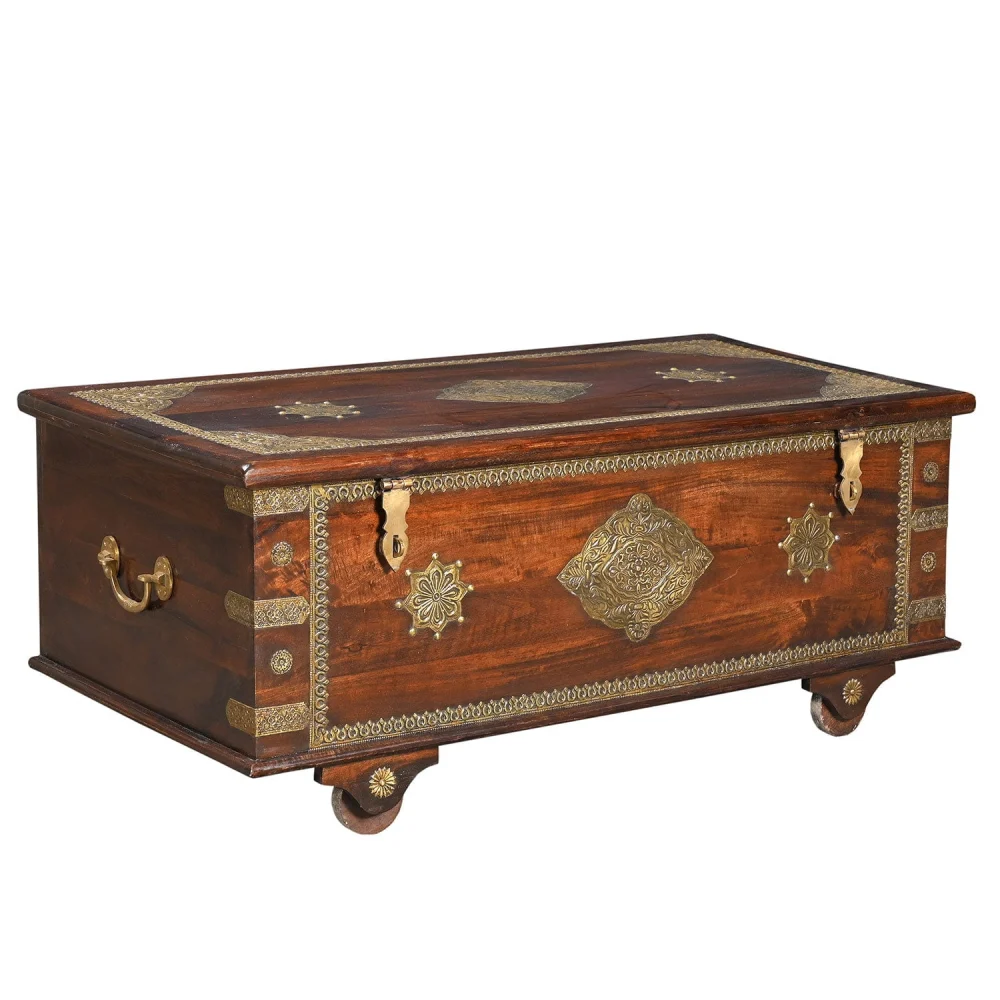 Transitional Style Ornate Solid Wood Chest Coffee Table with Brass Accents 46x23 Inches