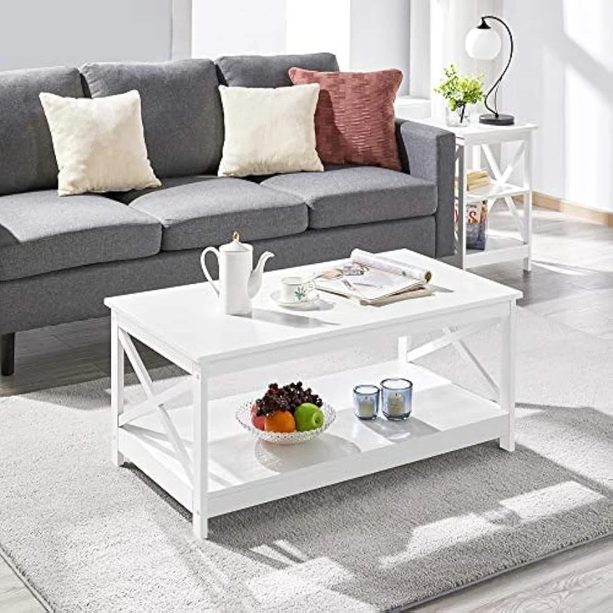 Wood 2-Tier White Coffee Table with Storage Shelf for Living Room X Design Accent Cocktail Table 39.5 x 21.5 x 18 Inches
