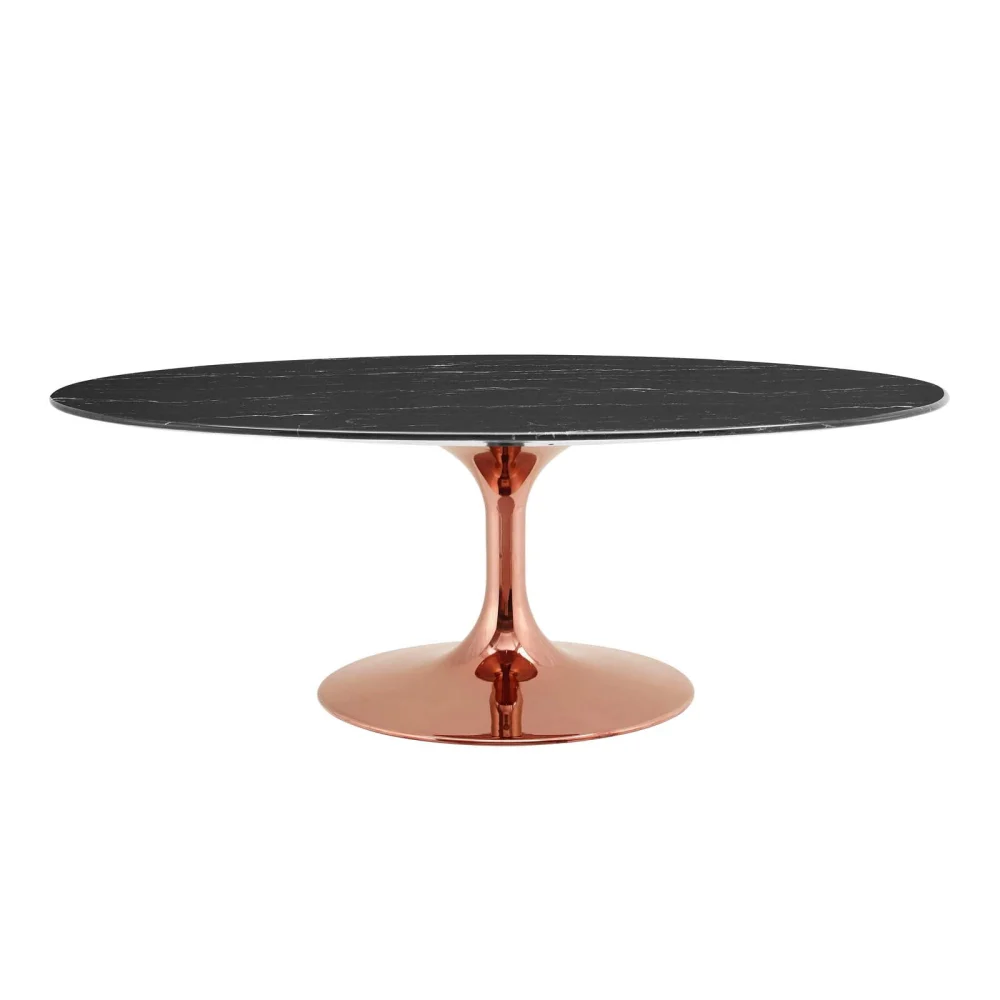 Oval Artificial Marble Coffee Table with Rose Gold Metal Steel Frame Modern Design