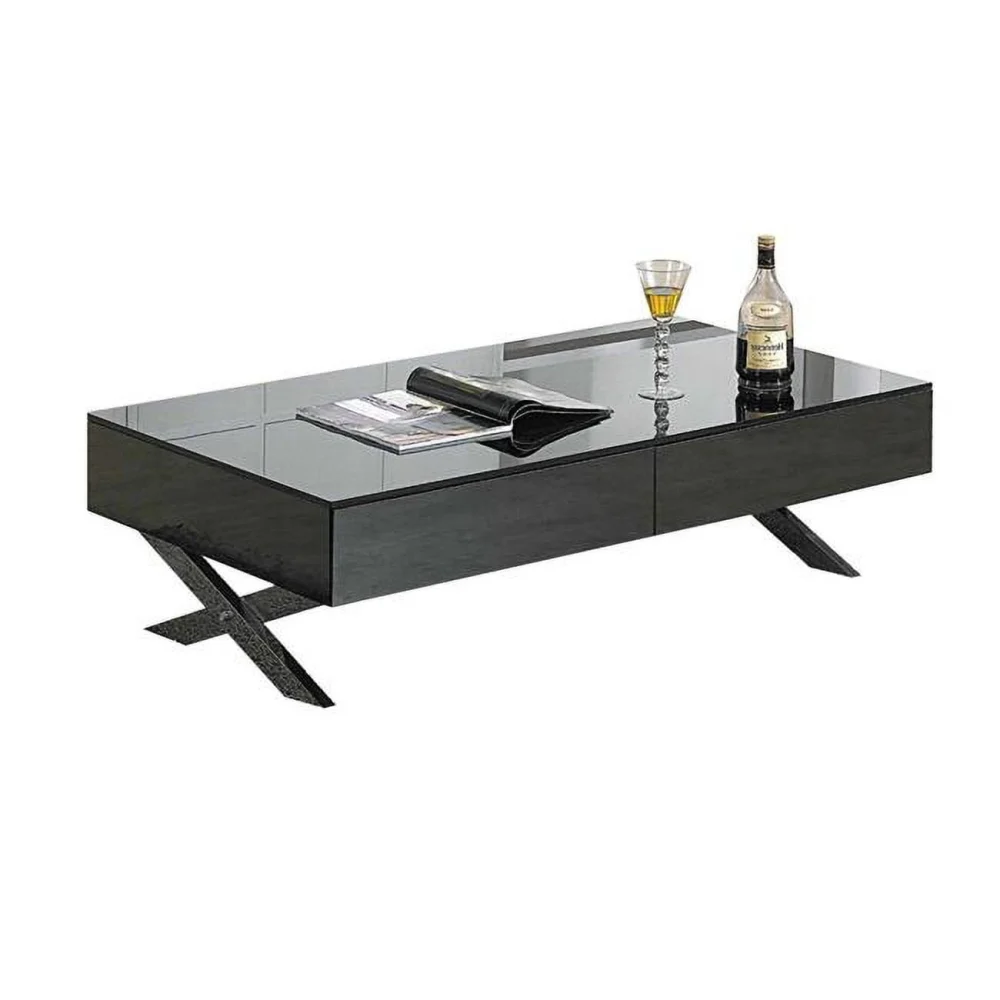 Benjara BM304689 51 Inch Tika Black Mirrored Glass Top Coffee Table with 2 Drawers