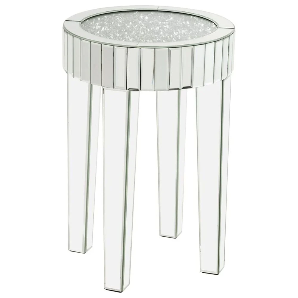 ACME Ornat Round Glass End Table with Tapered Acrylic Leg in Mirrored Finish