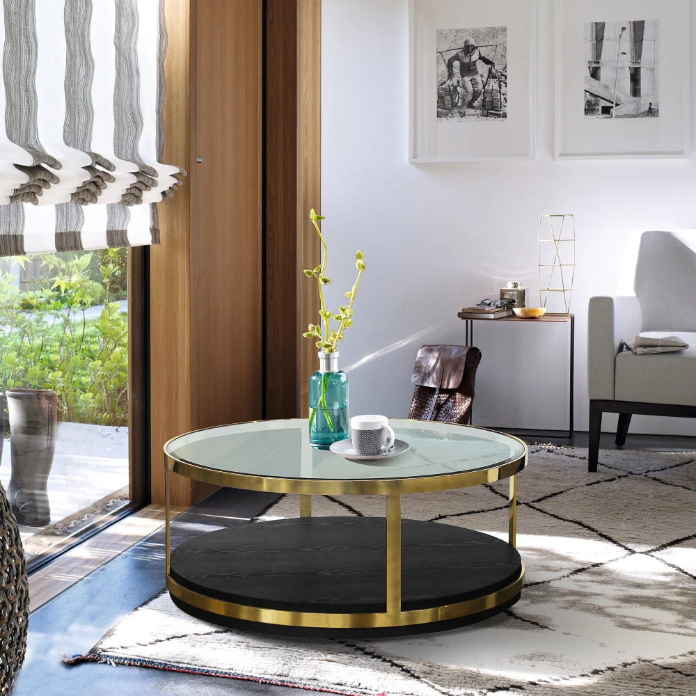 Armen Living Hattie Contemporary Coffee Table Brushed Gold Black Wood Modern Design