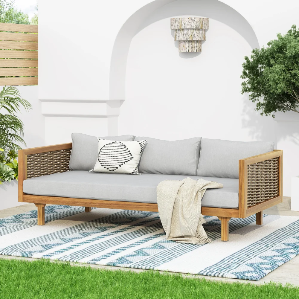 Claremont 3 Seater Daybed with Rattan Arms and Light Grey Cushion in Teak Wood