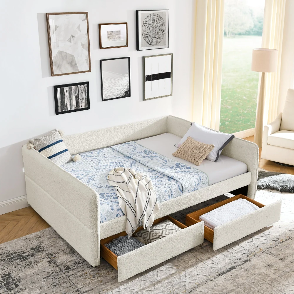 Upholstered Tufted Daybed with Trundle and Two Drawers Queen Size Sofa Bed